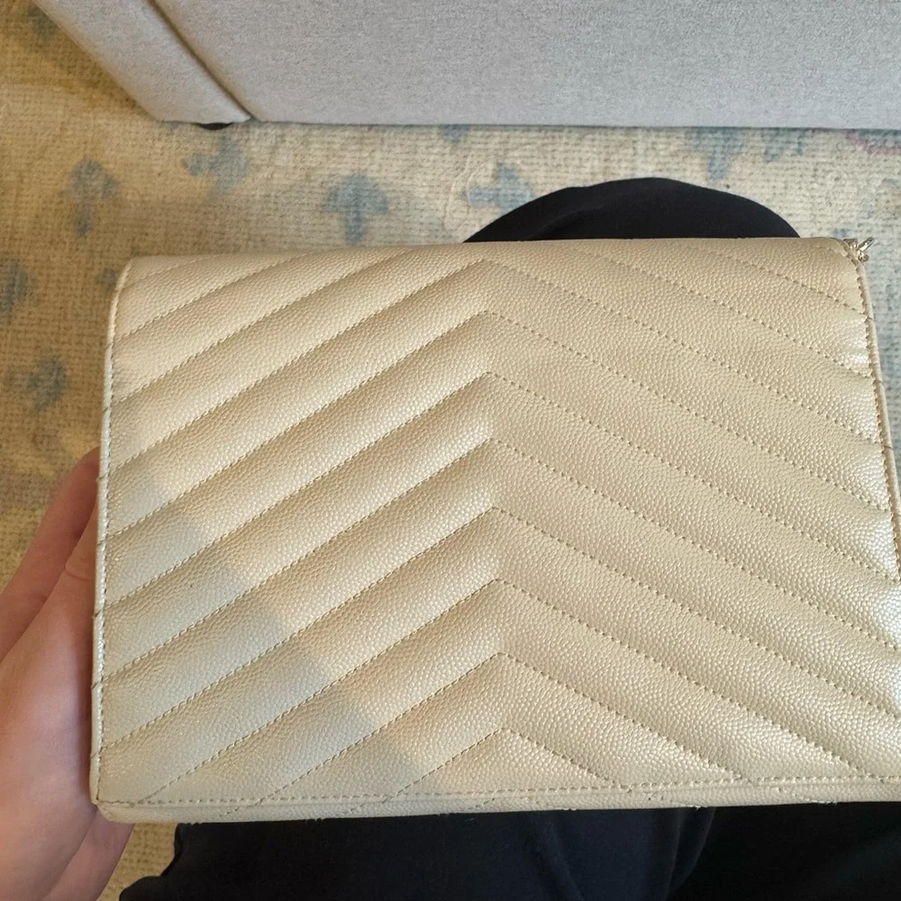 YSL Grain De Poudre Matelasse Chevron Monogram Envelope Clutch Blanc - Picture 4 of 15